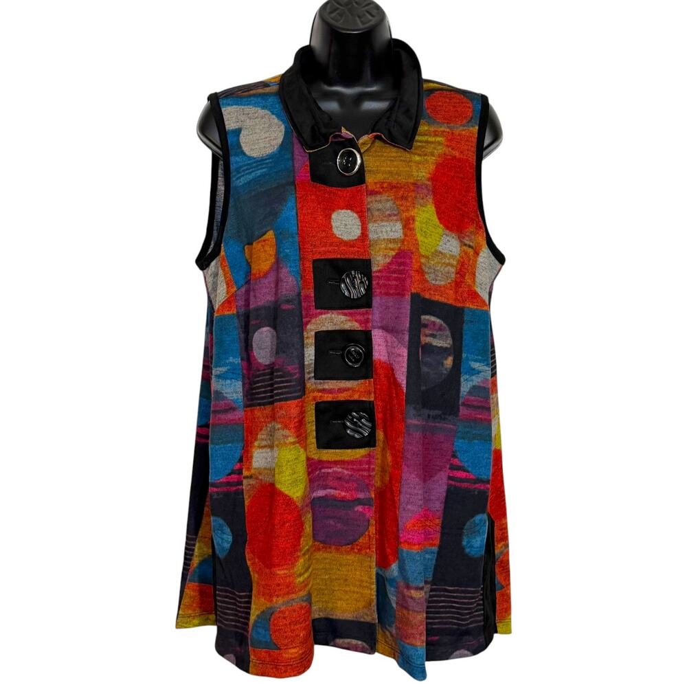 John Mark Vest Top M Multicolor Abstract Geometric Lagenlook Artsy Tunic Button